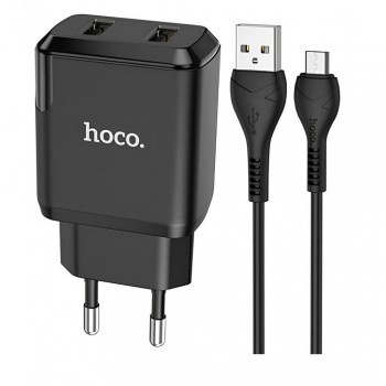 Сетеве зарядне пристрій Hoco N7 2.1A 2USB з Micro Cable 1m — чорне, вогнетривкий PC, EU штекер