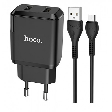 Сетеве зарядне пристрій Hoco N7 2.1A 2USB з Micro Cable 1m — чорне, вогнетривкий PC, EU штекер