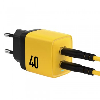 Зарядний пристрій на 40W GaN Veron TC-35 з 2 портами USB-C, PD 3.0, QC 4+, сертифікація CB/CE/FCC, біле/чорне, розміри 40*32*42mm