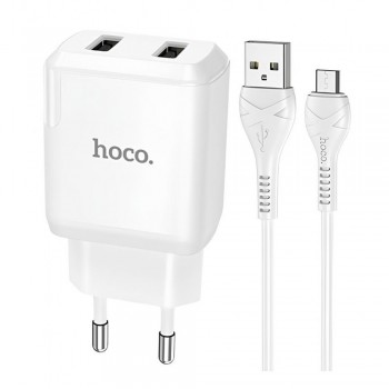 Зарядний пристрій Hoco N7 Speedy 2USB 2.1A з кабелем 1м (Micro USB) — білий, вогнетривкий PC, EU штекер, для телефону та планшета