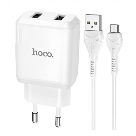 Зарядний пристрій Hoco N7 Speedy 2USB 2.1A з кабелем 1м (Micro USB) — білий, вогнетривкий PC, EU штекер, для телефону та планшета