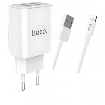 Сетеве Зарядне Пристрій Hoco C62A 2.1A з Двома USB Виходами для iPhone, Білого, 1м Кабель Lightning, Захист від Перегріву та Перевантаження, Європейський Штепсель