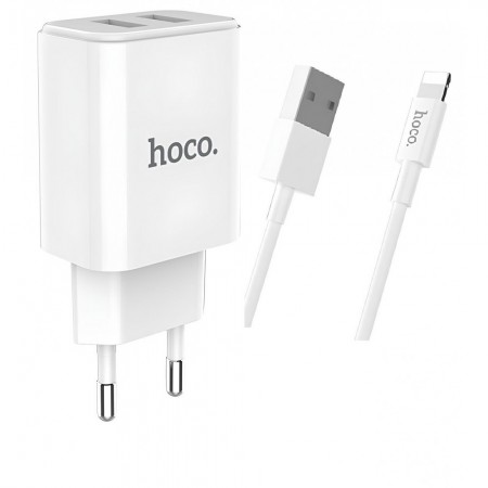 Сетеве Зарядне Пристрій Hoco C62A 2.1A з Двома USB Виходами для iPhone, Білого, 1м Кабель Lightning, Захист від Перегріву та Перевантаження, Європейський Штепсель