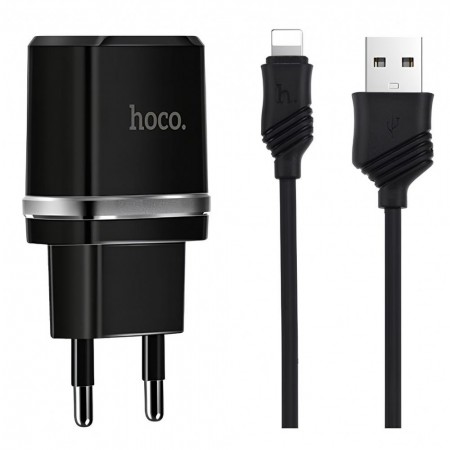 Сетеве зарядне пристрій для iPhone Hoco C12 2.4A, 2 порти USB, адаптер з 1м кабелем Lightning, чорний