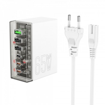 Зарядний пристрій Hoco N36 Home Charger 65W GaN 3PD QC 3.0 з вогнестійким корпусом з ПК, USB-C та USB-A виходами, європейська вилка, біле