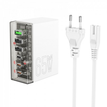Зарядний пристрій Hoco N36 Home Charger 65W GaN 3PD QC 3.0 з вогнестійким корпусом з ПК, USB-C та USB-A виходами, європейська вилка, біле