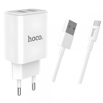 Зарядний адаптер HOCO C62A 2.1A з двома USB портами та micro кабелем (1м) - Швидка та безпечна зарядка для гаджетів, білий, вогнестійкий, EU стандарт