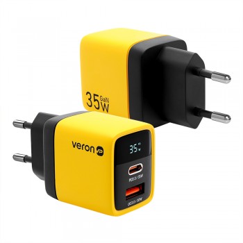 Зарядний пристрій Home Charger 35W GaN від Veron з цифровим дисплеєм, підтримка PD та QC, 2 порти USB-C та USB-A, розміри 45x32x40 мм, кольори білий/чорний, сертифікація CE/FCC/CCC.