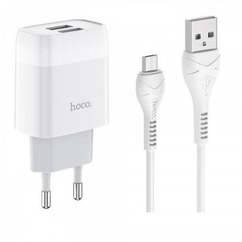 Зарядний пристрій Home Charger 2.4A з USB-виходами та мікро-кабелем (1м) Hoco C73A — Біле