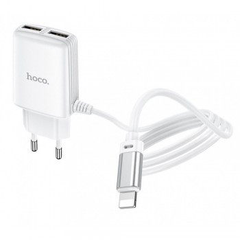 Сетеве зарядний пристрій для iPhone Hoco C82A (2.4A, 2 USB, вбудований Lightning кабель 1м, вогнестійкий матеріал, EU штекер) Сетеве зарядний пристрій для iPhone Hoco C82A (2.4A, 2 USB, вбудований Lightning кабель 1м, вогнестійкий матеріал, EU штекер)