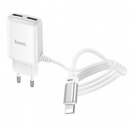 Сетеве зарядний пристрій для iPhone Hoco C82A (2.4A, 2 USB, вбудований Lightning кабель 1м, вогнестійкий матеріал, EU штекер)