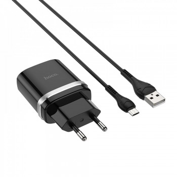 Мережевий зарядний пристрій Hoco C12Q 18W, чорний, з кабелем Micro USB 1м