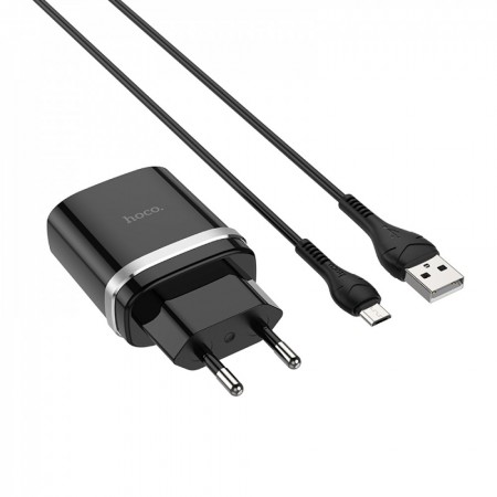 Мережевий зарядний пристрій Hoco C12Q 18W, чорний, з кабелем Micro USB 1м