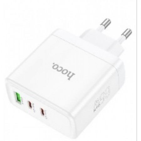 65W Home Charger Hoco N30 з PD та QC3.0 для швидкої зарядки трьох пристроїв одночасно, USB Type A та Type-C, білий, компактний та безпечний