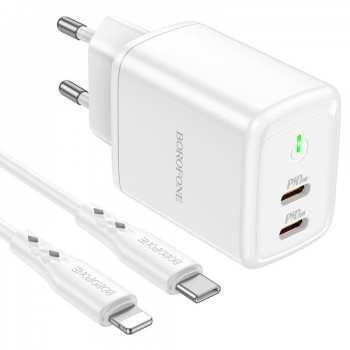 Сетеве зарядне пристрій 35W з 2 портами USB-C та кабелем Lightning (1 м) Borofone BN9 — для iPhone та інших пристроїв Сетеве зарядне пристрій 35W з 2 портами USB-C та кабелем Lightning (1 м) Borofone BN9 — для iPhone та інших пристроїв