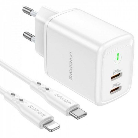 Сетеве зарядне пристрій 35W з 2 портами USB-C та кабелем Lightning (1 м) Borofone BN9 — для iPhone та інших пристроїв