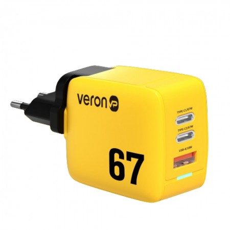 Зарядний пристрій 67W GaN Veron TC-67 з 2 USB-C і 1 USB, підтримка PD і QC3.0, сертифіковано CE та FCC, компактний для подорожей (29,5*45*51 мм)