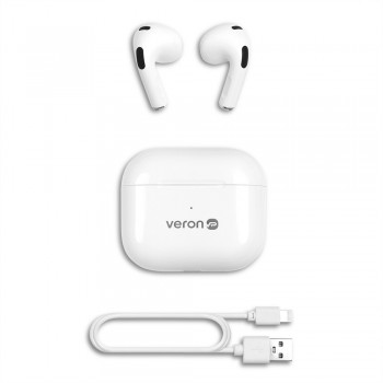 Бездротова гарнітура Bluetooth Veron W20, біла, діапазон 210 метрів, час роботи 14 годин, ємність акумулятора футляра 250 мАг