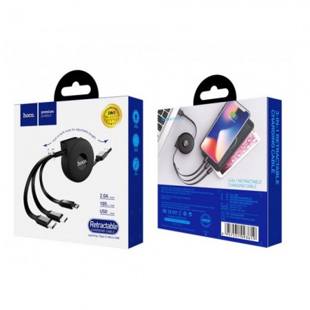 Кабель 3 в 1 Hoco U50 Телескопічний, Micro-USB/Lightning/Type-C, 2A, 1м, чорний