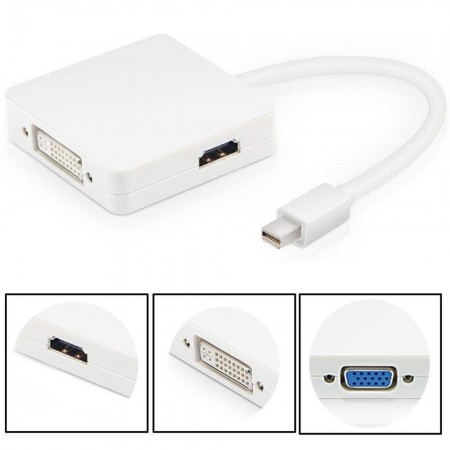 Перехідник Mini DP - HDMI + VGA + DVI MroTech, підтримка 4K, алюмінієвий корпус