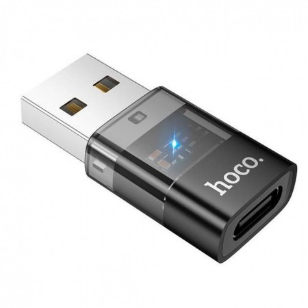 Адаптер перехідник USB A на USB C Hoco UA36C, чорний, підтримка швидкої зарядки 3A, напівпрозорий дизайн