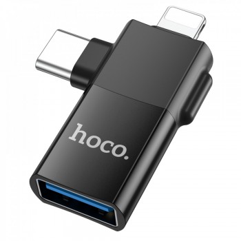 Адаптер перехідник 2 в 1 Hoco UA17 Lightning/USB-C на USB 2.0, підтримка OTG і зарядки, чорний