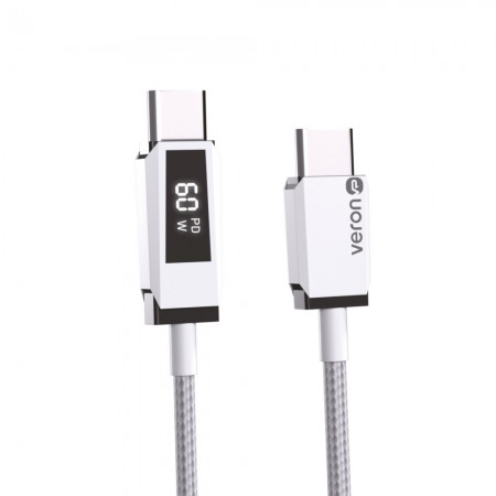 Кабель USB Type-C to Type-C 60W Veron CC12 Nylon LCD, чорний, довжина 2 метри