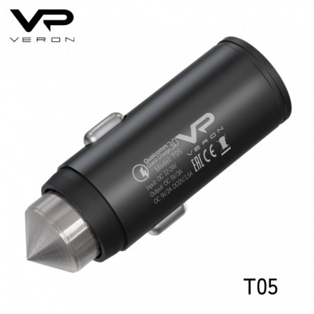 Автомобільне зарядне пристрій 3.0A QC3.0 Veron T05 - швидке та надійне зарядне пристрій з захистом від перевантаження і одним USB портом, для автомобілів з входом DC 12-24V.
