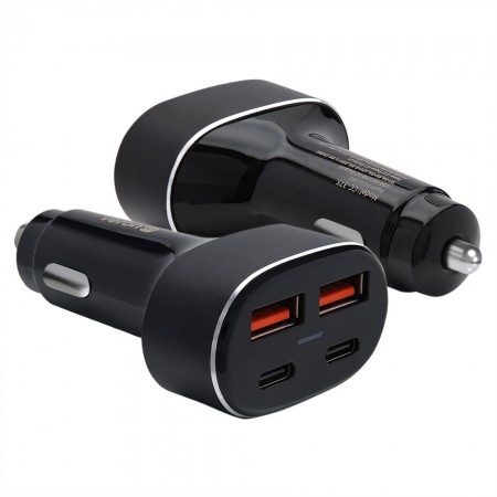 Зарядний пристрій для автомобіля 75W з 2 USB-A і 2 USB-C Veron CC-375, вага 36 г, вхідна напруга 12V-24V, підтримка QC3.0 і PD3.0, розміри 74 x 45 x 27 мм