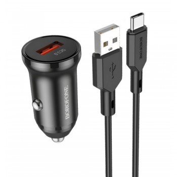 Зарядний пристрій для автомобіля 18W QC3.0 з USB C кабелем (1м) Borofone BZ18 — чорний, компактний, багаторівнева захист, вхід DC12-24V.