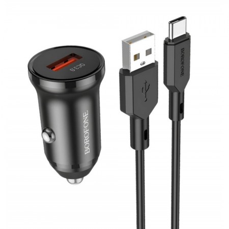Зарядний пристрій для автомобіля 18W QC3.0 з USB C кабелем (1м) Borofone BZ18 — чорний, компактний, багаторівнева захист, вхід DC12-24V.