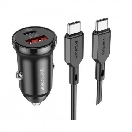 Зарядний пристрій для автомобіля 20W PD QC3.0 USB Type-C (1м) Borofone BZ18A — Чорний