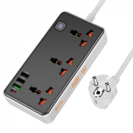 Мережевий фільтр Hoco AC8A, 2500W, 3 розетки, 1 USB-C 30W, чорний