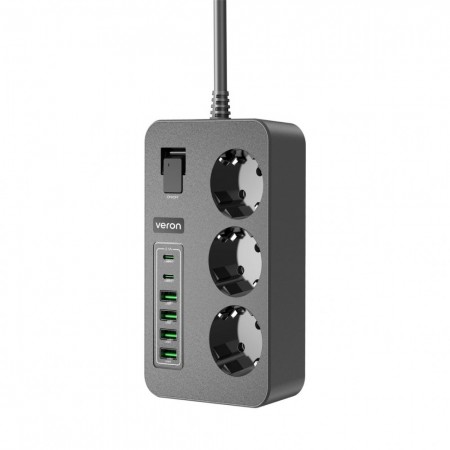 Сетевий фільтр Veron SC12 з 4 USB та 2 USB-C, 3 розетки, 3.1A, 2 метри, з кнопкою вимкнення та захистом від перенапруги