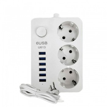 Сетевий фільтр CX-U613 з захистом від перенапруги, 3 розетки 230В та 6 USB-роз'ємів, 2 м, білий
