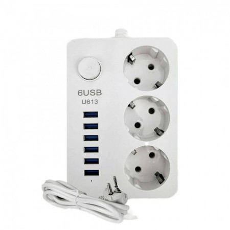 Сетевий фільтр CX-U613 з захистом від перенапруги, 3 розетки 230В та 6 USB-роз'ємів, 2 м, білий