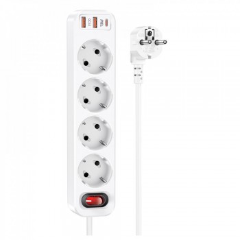 Подовжувач Power Extension Hoco NS1 Aura, 2 розетки, 4 USB-порти, 20W, 1.8m, білий
