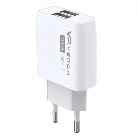 Сетеве зарядне пристрій Veron AC62 2.4A з двома USB-портами та безпечним вбудованим запобіжником