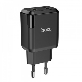 Зарядний пристрій Hoco N7 2.1A, 2 порти, вогнестійкий матеріал, EU штекер — чорний, для смартфонів, планшетів та інших пристроїв