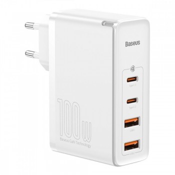 Зарядний пристрій Baseus GaN2 Pro 100W з 4 USB портами (2 USB-A, 2 USB-C) — Швидка зарядка Power Delivery та QC, компактний, ідеальний для смартфонів, планшетів та ноутбуків, з захистом від перегріву і стрибків напруги, білий (CCGAN2P-L)