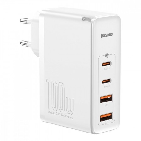 Зарядний пристрій Baseus GaN2 Pro 100W з 4 USB портами (2 USB-A, 2 USB-C) — Швидка зарядка Power Delivery та QC, компактний, ідеальний для смартфонів, планшетів та ноутбуків, з захистом від перегріву і стрибків напруги, білий (CCGAN2P-L)