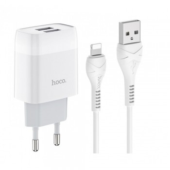 Сетеве зарядний пристрій для iPhone Hoco C73A 2.4A з подвійним USB виходом і Lightning Cable (1м) — Біле Сетеве зарядний пристрій для iPhone Hoco C73A 2.4A з подвійним USB виходом і Lightning Cable (1м) — Біле