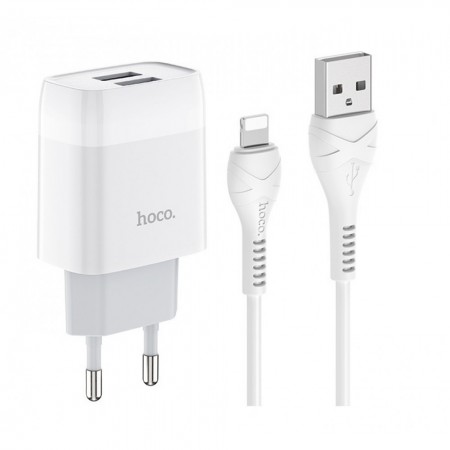 Сетеве зарядний пристрій для iPhone Hoco C73A 2.4A з подвійним USB виходом і Lightning Cable (1м) — Біле
