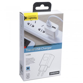 Сетеве зарядне пристрій для iPhone Joyroom L-L221 UM2 з кабелем Lightning 1м, 2.0A, 2U — Біле