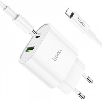 Сетеве зарядне пристрій для iPhone Hoco C95A — 20W PD QC3.0 з кабелем C to Lightning (1m), компактний адаптер, EU штекер, глянцевий корпус, підтримка швидкої зарядки