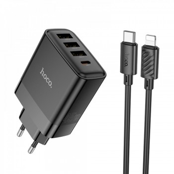 Сетеве зарядний пристрій для iPhone Hoco C127A, 45W, PD QC3.0, USB-C + USB-A, з кабелем Lightning 1м, вогнестійкий пластик, євровилка, чорне Сетеве зарядний пристрій для iPhone Hoco C127A, 45W, PD QC3.0, USB-C + USB-A, з кабелем Lightning 1м, вогнестійкий пластик, євровилка, чорне