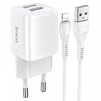 Сетевое зарядное устройство для iPhone Hoco N8 2.4A с кабелем Lightning 1м, 2 USB-порта, огнеупорный PC, белое