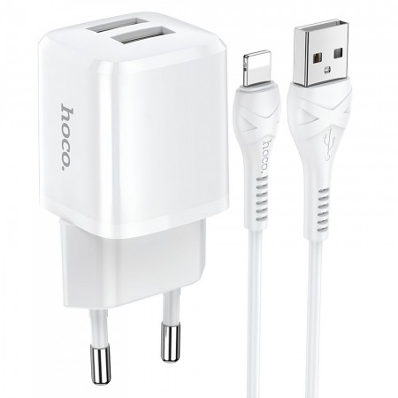 Сетевое зарядное устройство для iPhone Hoco N8 2.4A с кабелем Lightning 1м, 2 USB-порта, огнеупорный PC, белое