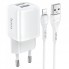 Сетевое зарядное устройство для iPhone Hoco N8 2.4A с кабелем Lightning 1м, 2 USB-порта, огнеупорный PC, белое