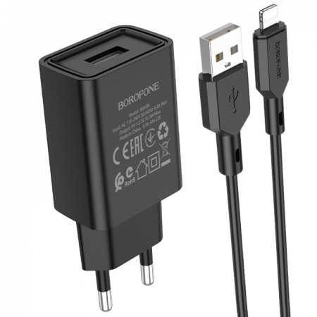 Сетеве зарядне пристрій Borofone BA68A 2.1A з кабелем Lightning 1м, Black – швидка зарядка для iPhone
